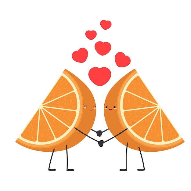 Concept voor Valentijnsdag met verliefde sinaasappel. Leuke personages fruit. Vector illustratie.