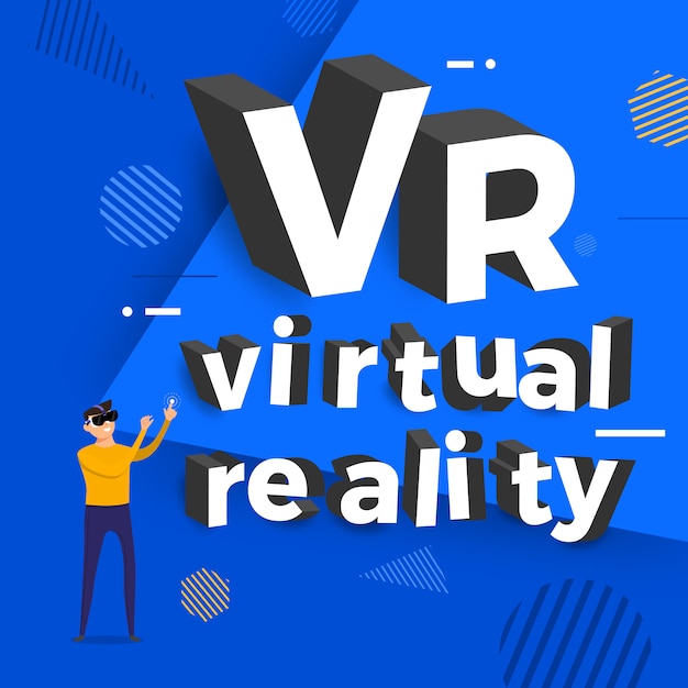 concept VR virtuele realiteit. man en bril tonen typografie. illustraties.
