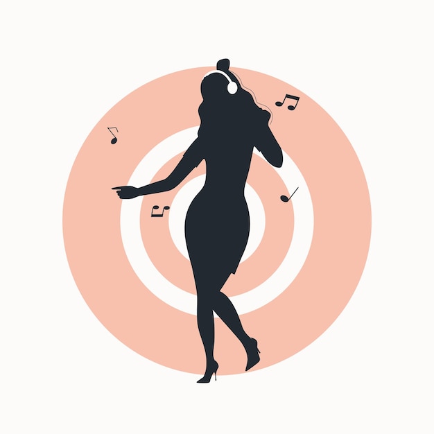 Concept vrouw luistert naar muziek via een koptelefoon en danst Vector illustratie