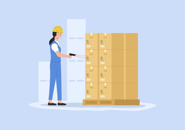 Vector concept of warehouse and courier delivery storehouse worker in uniform scanning parcels by barcode scanner warehouse with cardboard boxes on pallet cartoon linear outline flat vector illustration