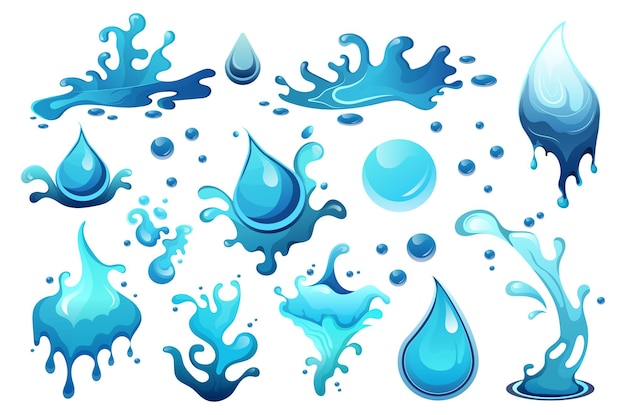 Concept Water splash A flat cartoon design set of water splashes on a white background