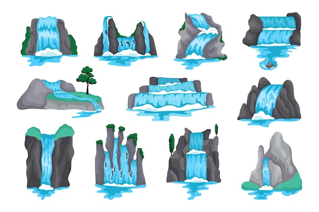 Concept waterval in bergen cartoon set zonder mensenscène in het platte cartoonontwerp