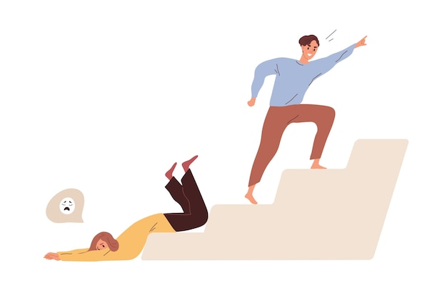 Vector concept of weakness versus strength of people on hard way to goals. tired fatigue lazy weak person fall down vs ambitious motivated strong human. flat vector illustration isolated on white background.