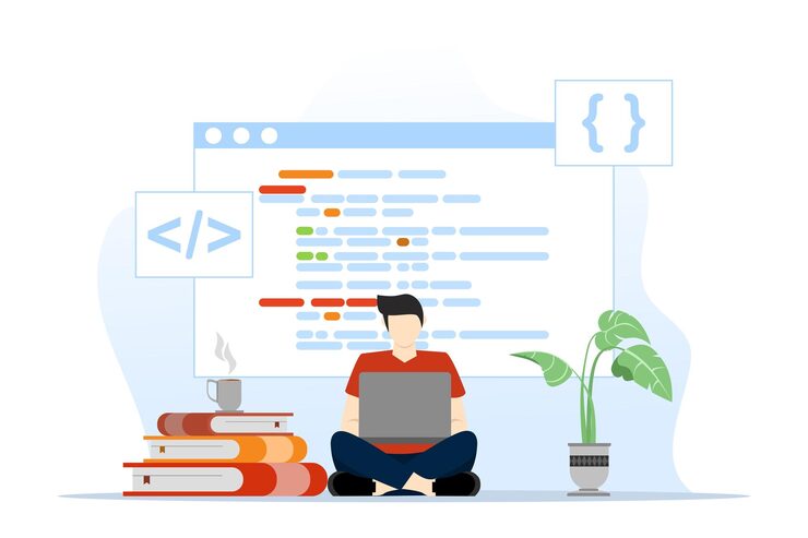Vector concept of web design and mobile app programmer working and coding for remote work development