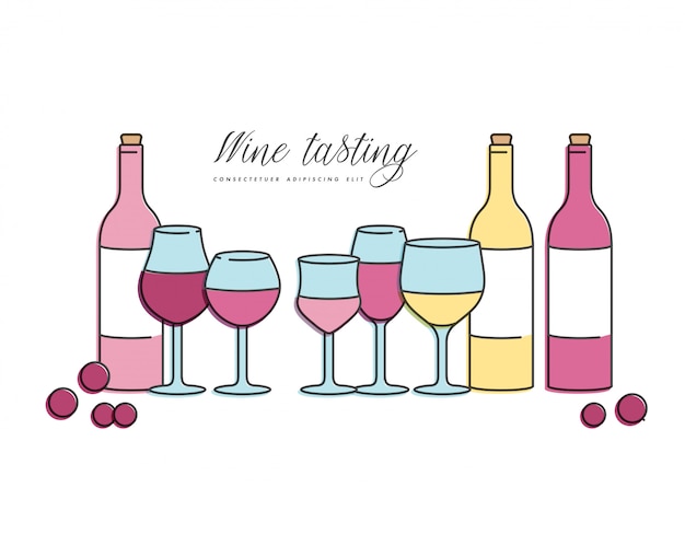 Vector concept of wine tasting for bar or restaurant. different types of glasses and bottles of wine.