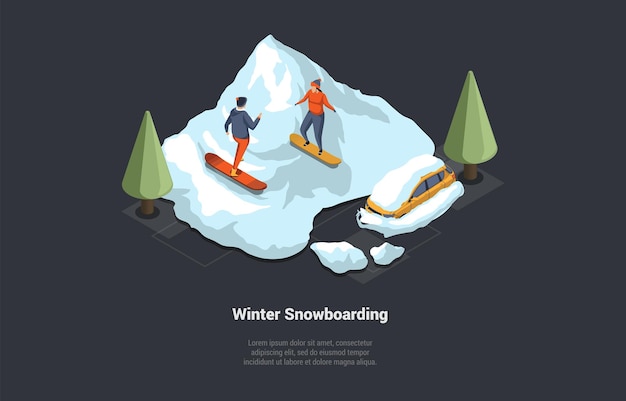 Vector concept of winter holidays and ski resort vacations winter landscape with car with snowy roof man and woman are snowboarding downhill and have lots of fun together isometric 3d vector illustration