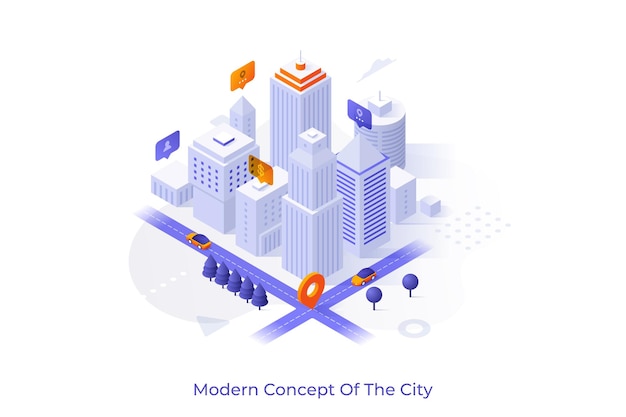 Концепция с деловыми зданиями и небоскребами в центре города сцена для современного городского развития и строительства недвижимости изометрическая векторная иллюстрация для веб-страницы