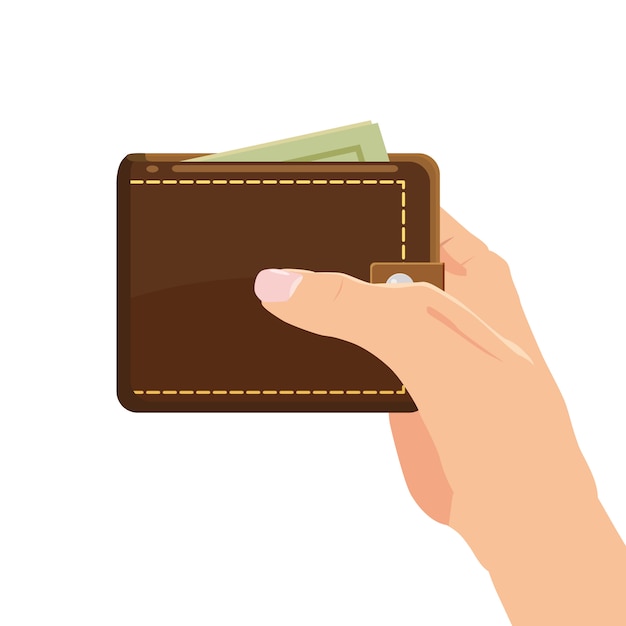 Concept with hand and wallet full of money. Online shopping. Pay per click. Money making. Isolated. Vector illustration. Cartoon style
