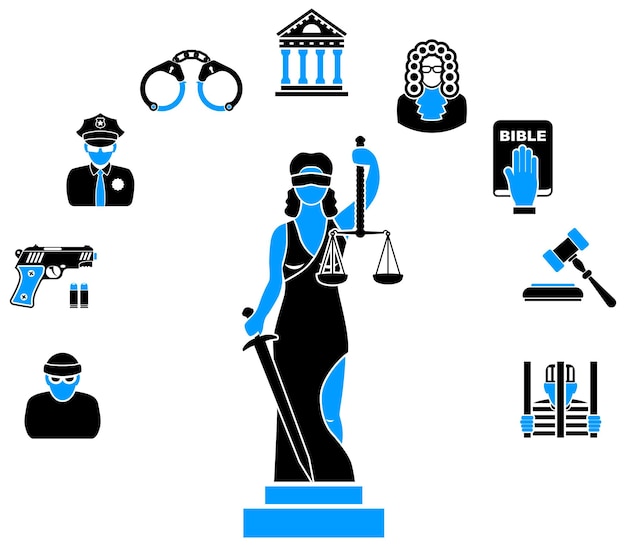 Concept with Lady Justice Statue and Flat Icons for Flyer Poster Web Site like Policeman Thief Judge and Prison