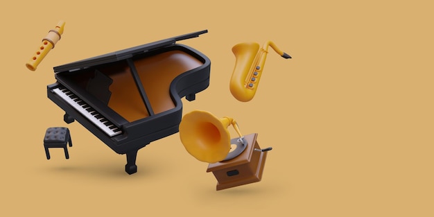 Vector concept with realistic musical instruments classical live music and listening to recordings