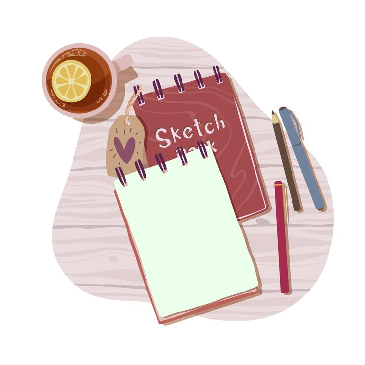 Vector concept with sketch books and a cup of tea in flat style for print and illustrationvector illustration