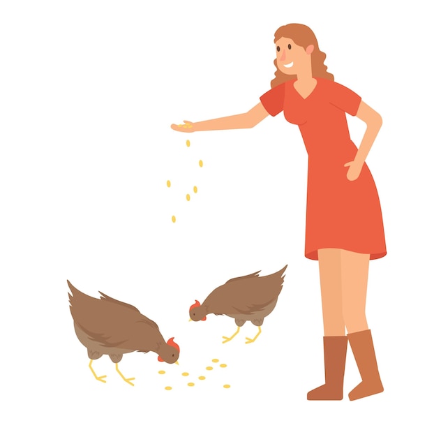 닭에게 먹이를 주는 개념 여성 벡터 그림은 농장 장면에 있는 여성을 묘사합니다.
