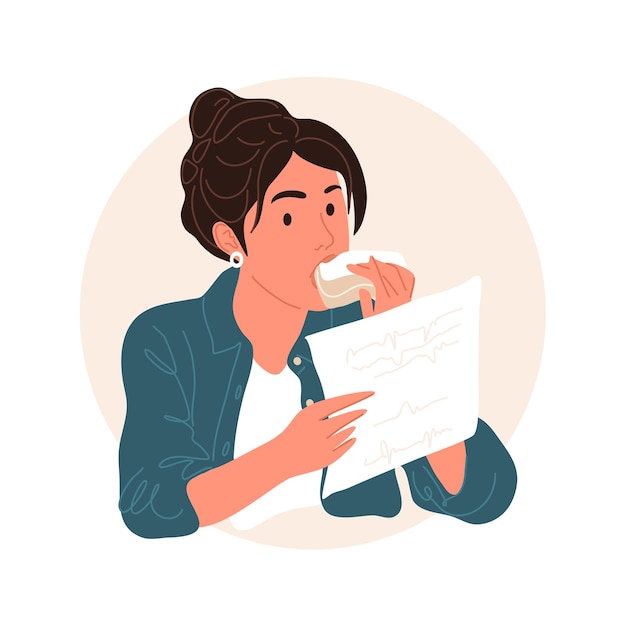 Concept of working business woman reads documents and bites a sandwich