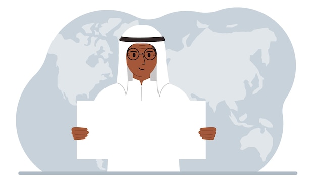 Vettore il concetto di attenzione mondiale un uomo tiene in mano un poster bianco sullo sfondo di una mappa del mondo