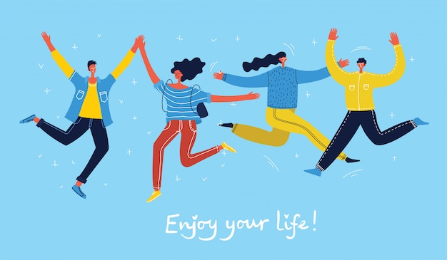 Vector concept of young people jumping on blue background. stylish modern  illustration card with happy male and female teenagers and hand drawing quote enjoy your life