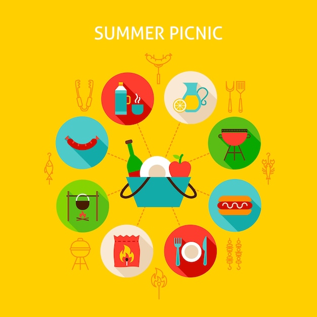 Concept zomerpicknick. Vectorillustratie van Infographics cirkel met plat pictogrammen.