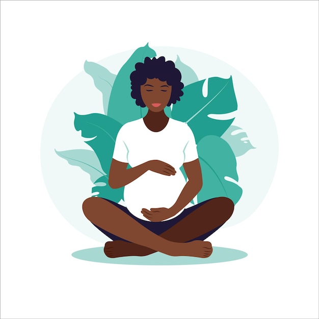 Concept zwangerschap, moederschap, yoga, meditatie en gezondheidszorg. afrikaanse zwangere vrouw. illustratie in vlakke stijl.