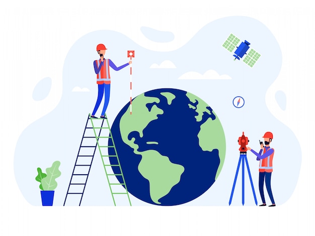 Conceptmeters, geodesisten en landingenieurs die het total station, theodoliet, wereldbol gebruiken.