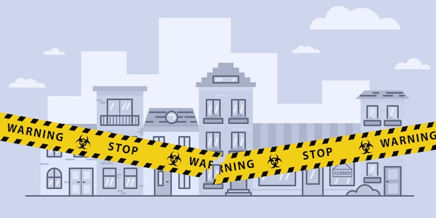 Concepts of open lockdown after coronavirus pandemic outbreak. Torn yellow tape over city. Stock   illustration