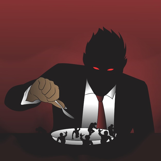 Conceptual of businessman casting a real like devil that eating people businessman concept design