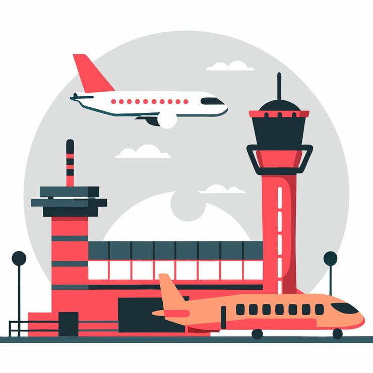 Vector conceptual illustration of an advanced and spacious airport terminal