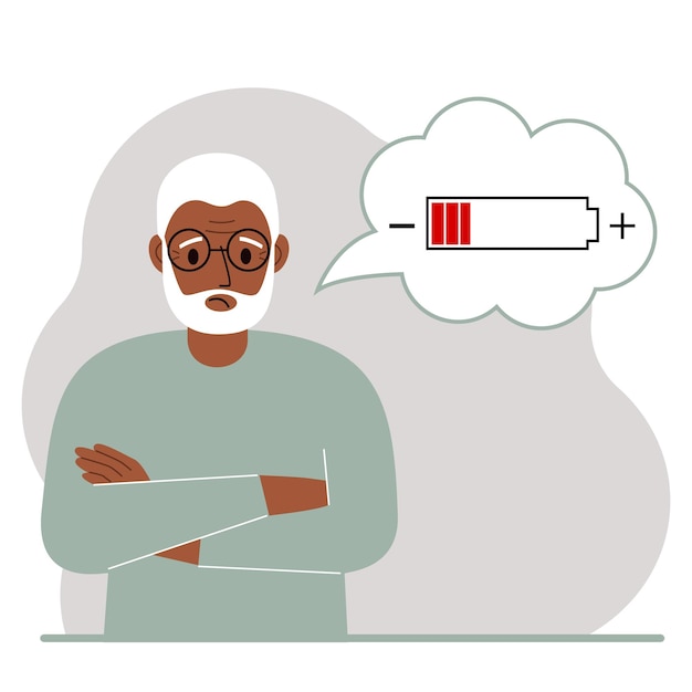 Conceptual illustration of low battery Sad grandfather thinks about charging