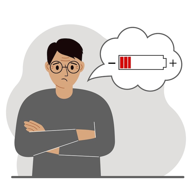 Conceptual illustration of low battery Sad man thinks about charging Vector flat illustration