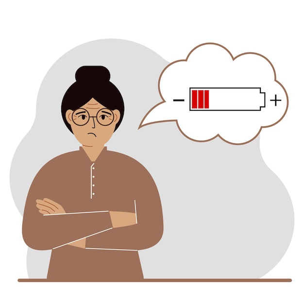 Conceptual illustration of low battery Sad woman thinks about charging Vector flat illustration