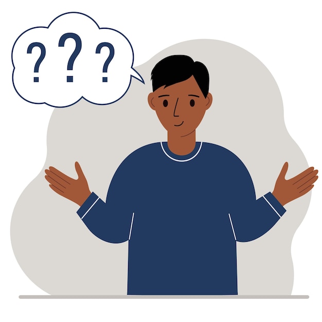 Vector conceptual illustration of a man who has many questions and question marks in his mind. vector flat illustration