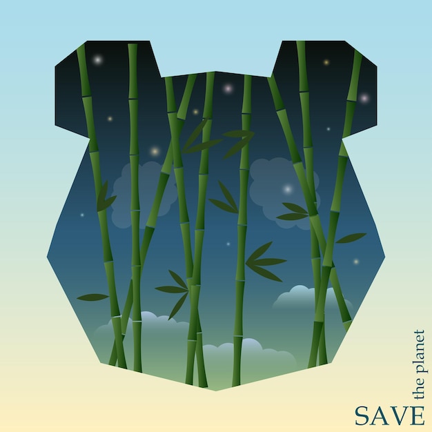 Conceptual illustration on the theme of protection of nature and animals with bamboo on the night sky background in silhouette of panda head for use in design for card, invitation, poster or placard