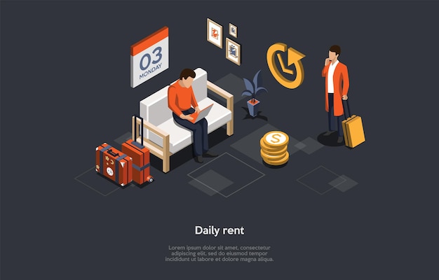 Conceptual illustration with text. isometric vector composition. cartoon 3d style design. apartment daily rent, way of real estate payment. housing business, owner or agency, mortgage deal, insurance