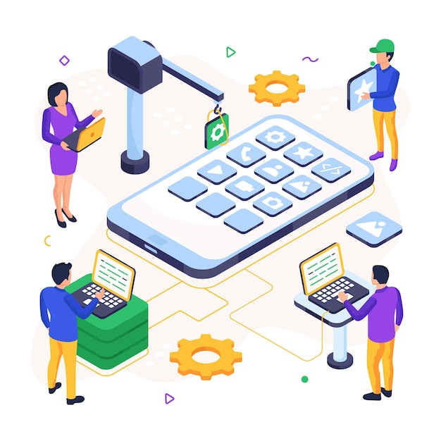 Conceptual isometric design illustration of mobile apps development