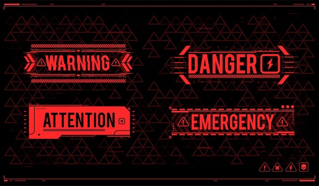 Conceptual layout with hud elements for print and web lettering with futuristic user interface elements hud danger zone warning and alert attention signs