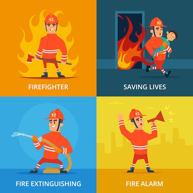 Vector conceptual pictures of firefighter and work equipment