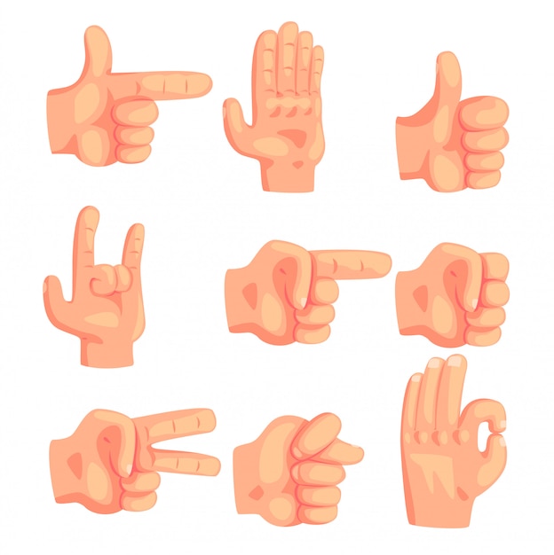 Vector conceptual popular hand gestures set of realistic isolated icons with human palm signaling