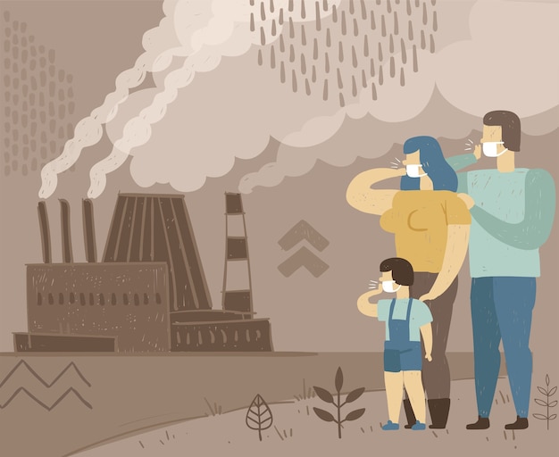 大気汚染の概念的なポスター。家族は喫煙工場から汚れた空気を吸います。