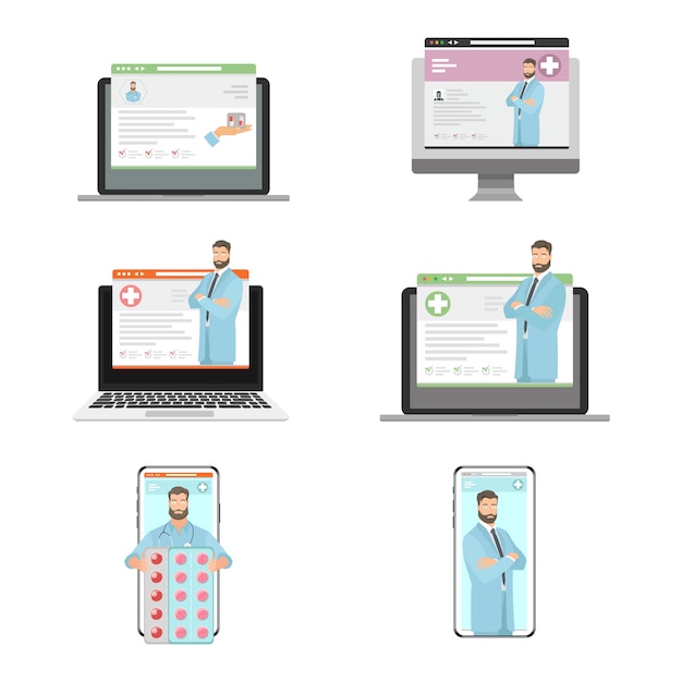 Vector conceptual set online doctor, medical service, medical assistance.