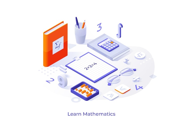 책이나 교과서가 있는 개념적 템플릿 주판 계산기 방정식 숫자 및 수식 수학 학습 과정을 위한 장면 현대 아이소메트릭 벡터 그림