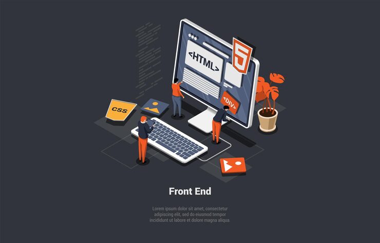 Vector conceptual template with developer programmer or coder working on computer scene for main stages of software development frontend and backend coding isometric 3d cartoon vector illustration