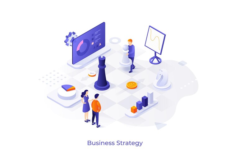 Vector conceptual template with diagrams or charts and people playing chess on giant board scene for business strategy market competition tactics modern isometric vector illustration for website