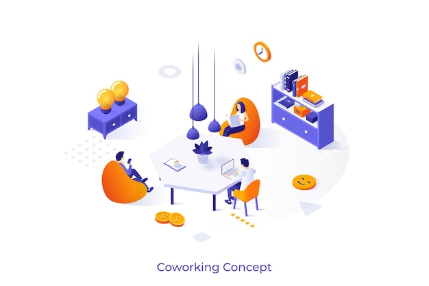 Conceptual template with group of freelance workers sitting in comfy armchairs around desk and working Comfortable coworking space or shared office Isometric vector illustration for advertisement