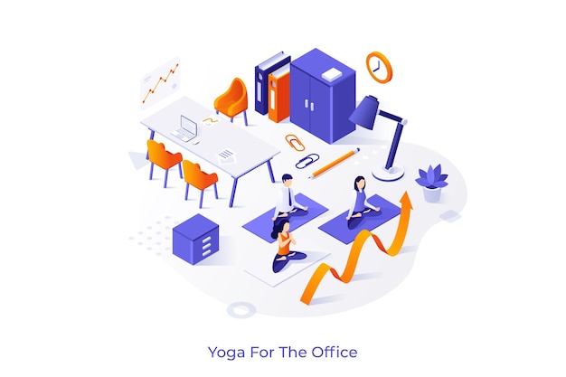 Conceptual template with group of office workers sitting cross legged and performing yoga or pranayama meditation Spiritual practice at work Isometric vector illustration for webpage banner