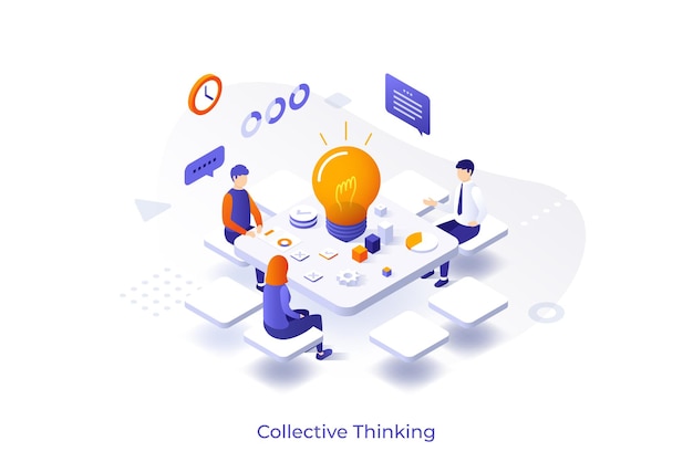 Conceptual template with group of people sitting around table with glowing lightbulb on it Scene of collective thinking brainstorm creative idea generation Isometric vector illustration