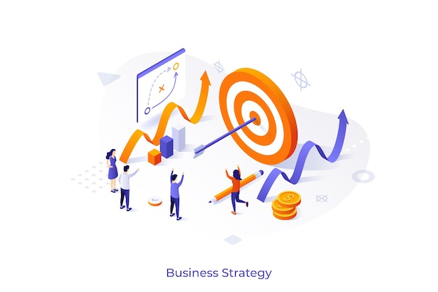 Conceptual template with joyful people shooting target with arrow in center scene for successful business strategy goal achievement success celebration modern isometric vector illustration