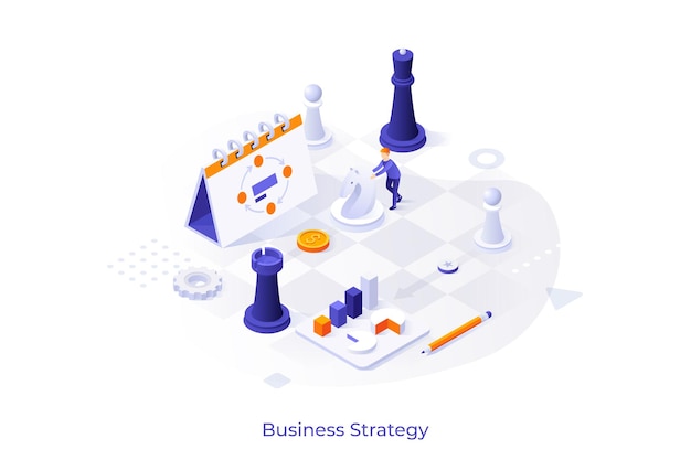 Vector conceptual template with man playing chess on giant board with planner and charts on it scene for effective business strategy strategic planning scheduling modern isometric vector illustration