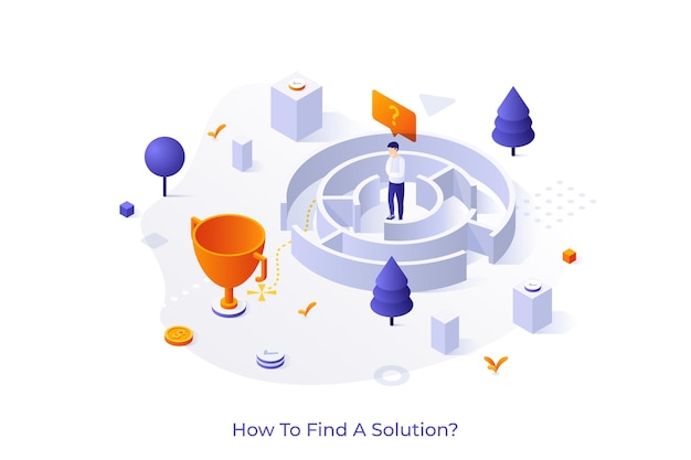 Conceptual template with man standing in maze or labyrinth and trying to find exit Concept of search of right direction in business or problem solving Isometric vector illustration for website
