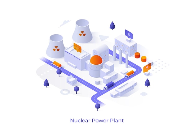 原子力発電所の冷却塔工場建物を備えた概念的なテンプレート都市工業地帯における電気エネルギー生成のシーンウェブサイト用のモダンなアイソメベクトルイラスト