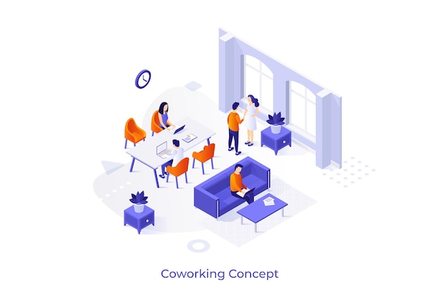 Conceptual template with people sitting at desks and working on laptop computers in shared office Coworking space or area for freelance workers Modern isometric vector illustration for website