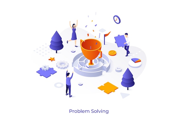 Conceptual template with people standing around maze with golden champion cup inside and celebrating victory concept of life success and goal achievement isometric vector illustration for website