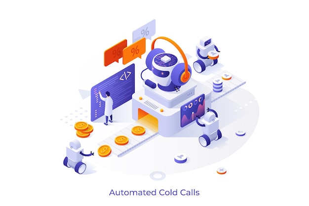 Vector conceptual template with robots working on conveyor belt and making profit and giant head in headphones scene for automated cold calls automatic marketing modern isometric vector illustration